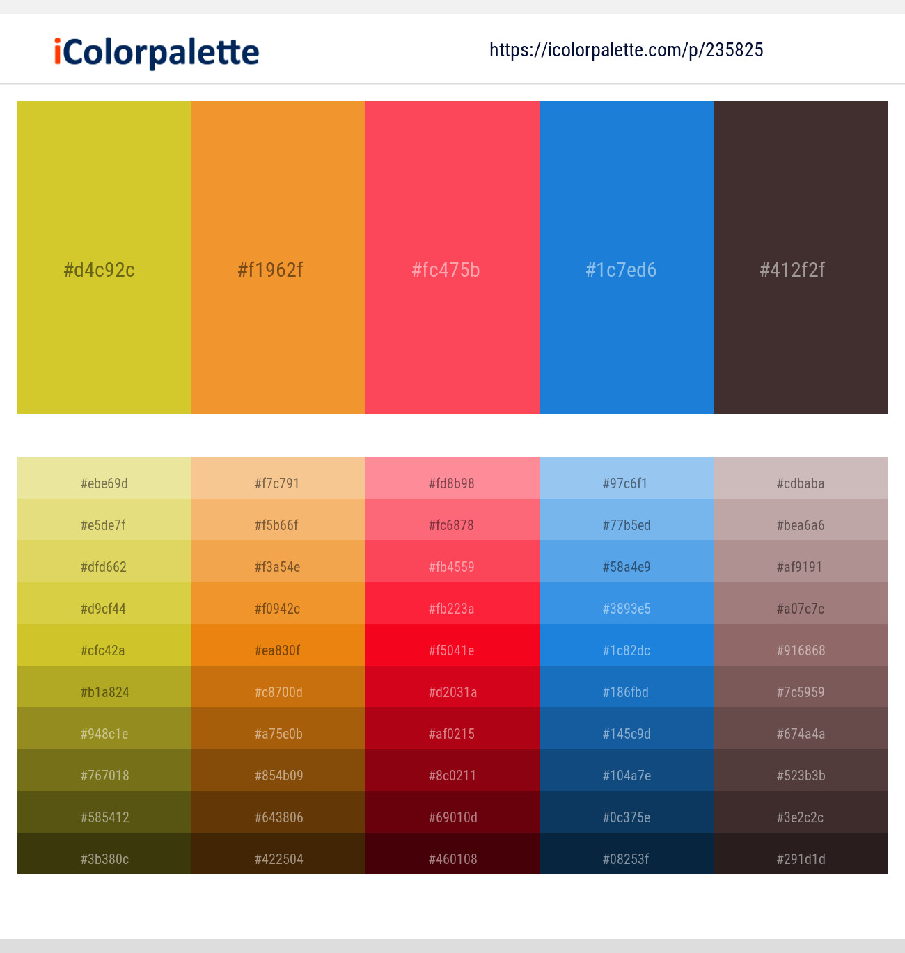 Old Gold – Carrot Orange – Radical Red – Curious Blue – Woody Brown Color scheme
