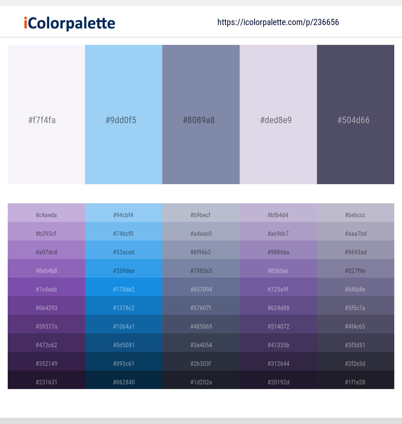 Whisper – Jordy Blue – Bali Hai – Snuff – Mulled Wine Color scheme