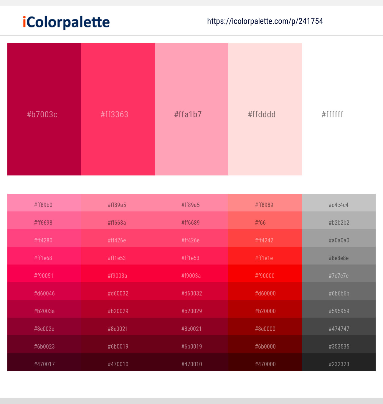 Shiraz – Radical Red – Carnation Pink – Pippin – White Color scheme