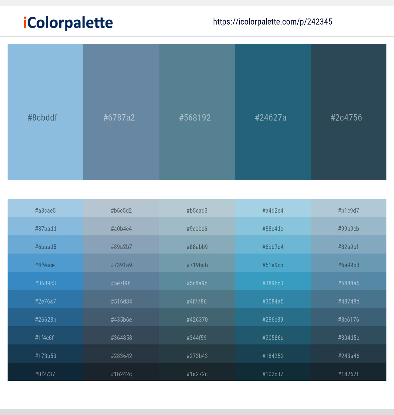 Cornflower – Hoki – Smalt Blue – Calypso – Pickled Bluewood Color scheme