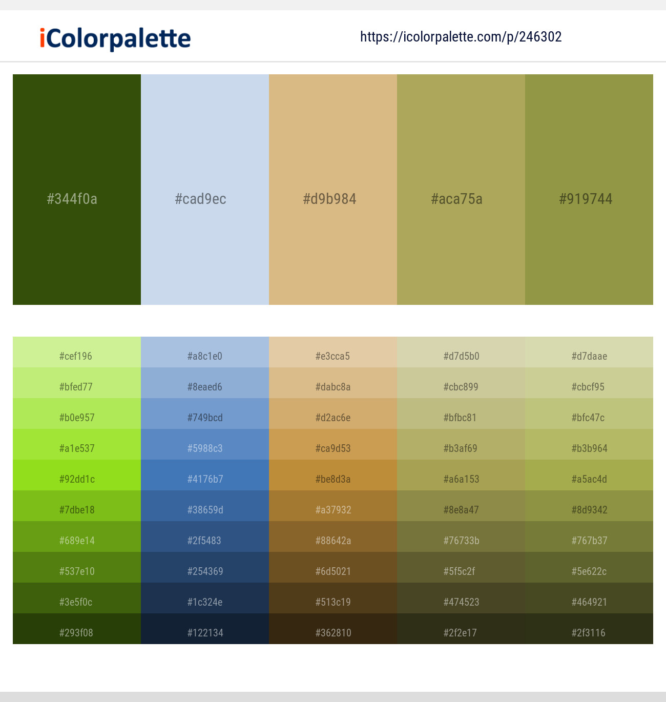Green Leaf – Periwinkle Gray – Brandy – Olive Green – Sycamore Color scheme