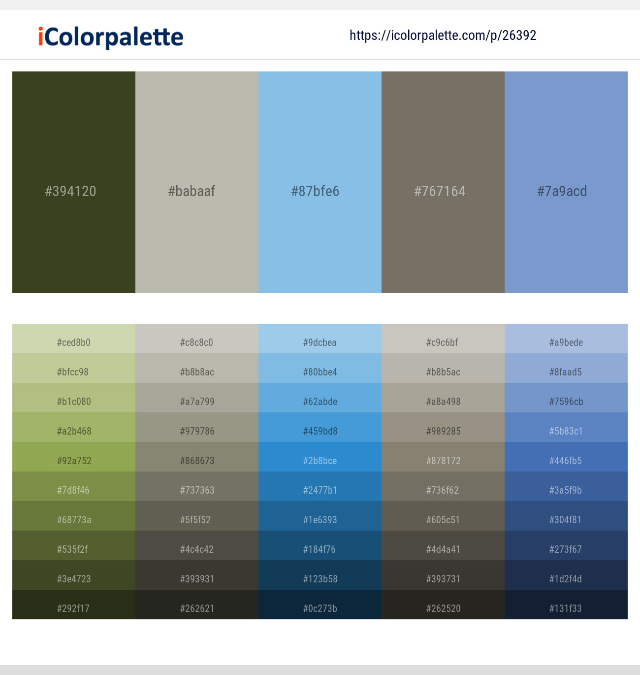 Lisbon Brown – Mist Gray – Cornflower – Pablo – Polo Blue Color scheme