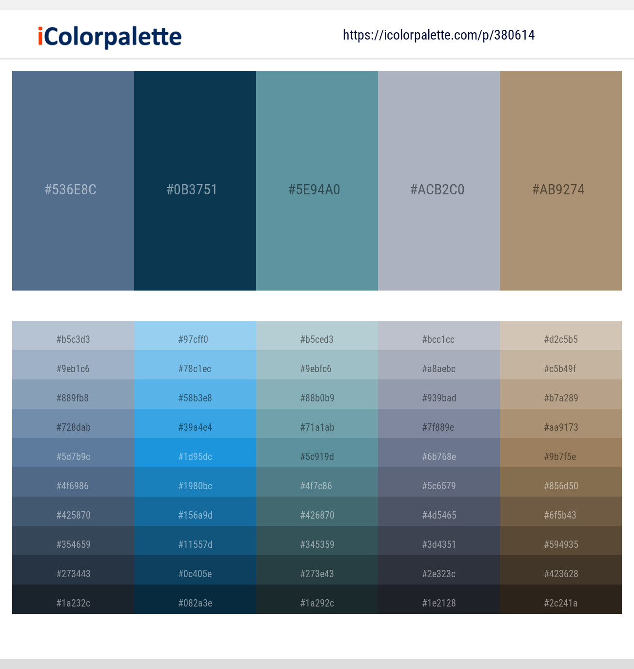Kashmir Blue – Tarawera – Breaker Bay – Cadet Blue – Sandal Color scheme