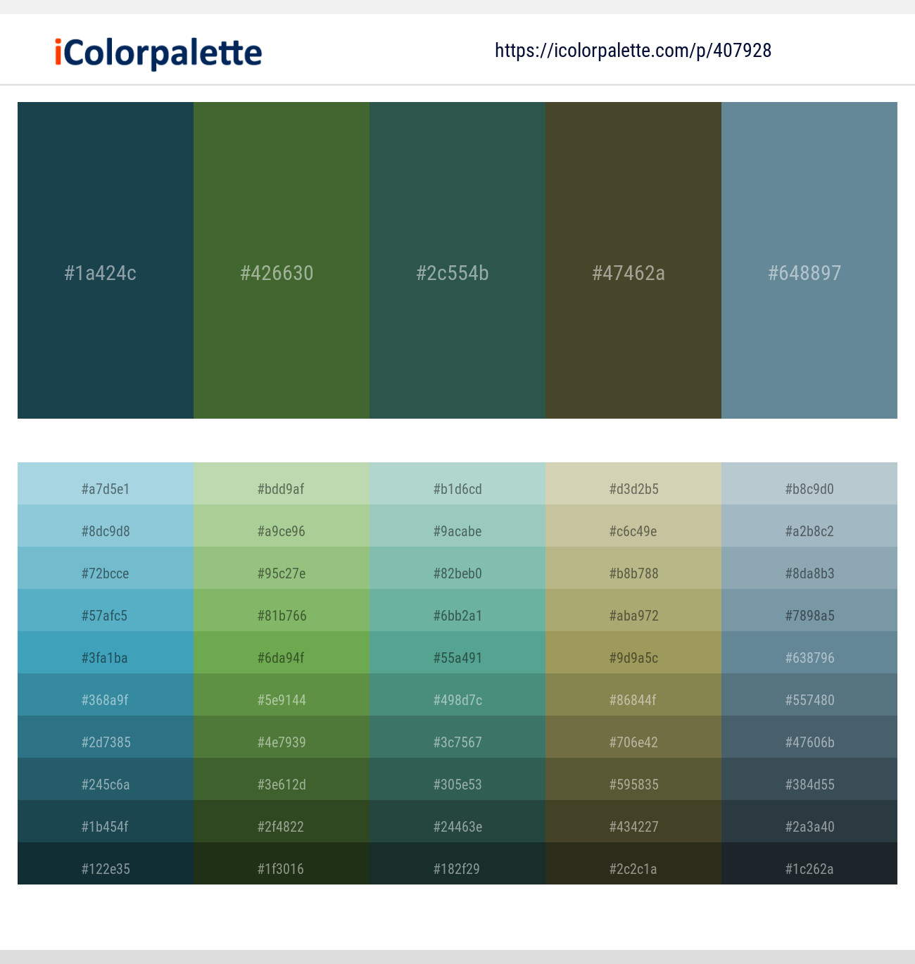 Blue Dianne – Chalet Green – Plantation – Lisbon Brown – Hoki Color scheme