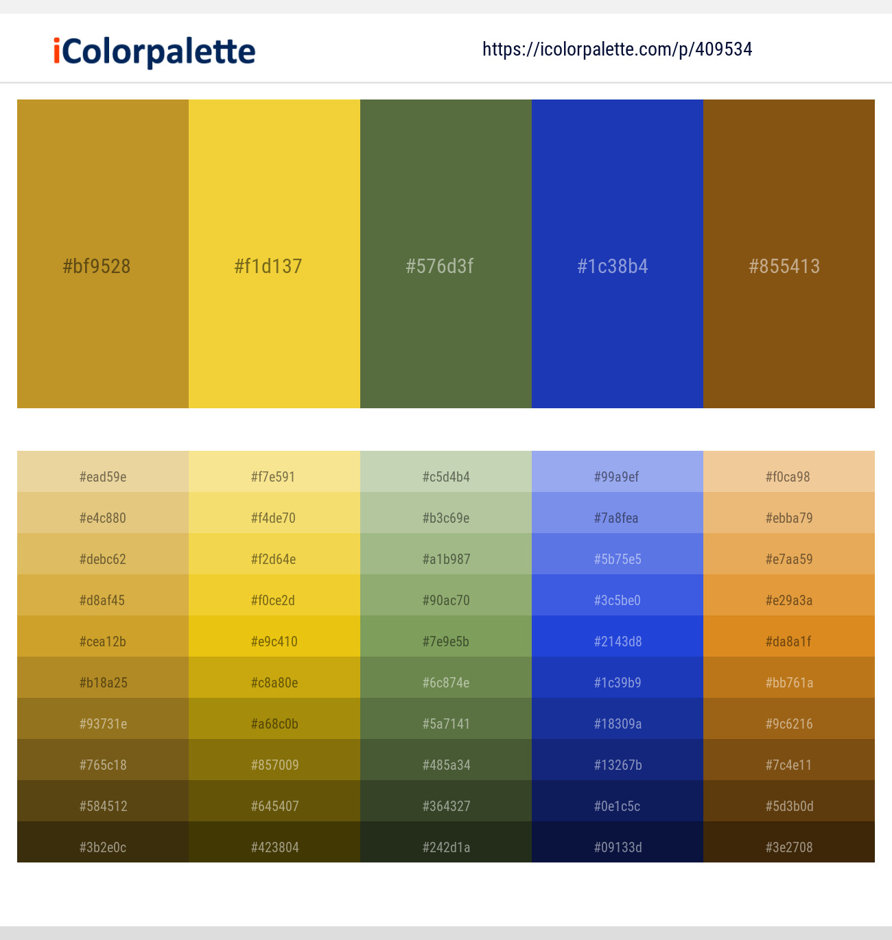 Marigold – Golden Dream – Chalet Green – Persian Blue – Raw Umber Color scheme