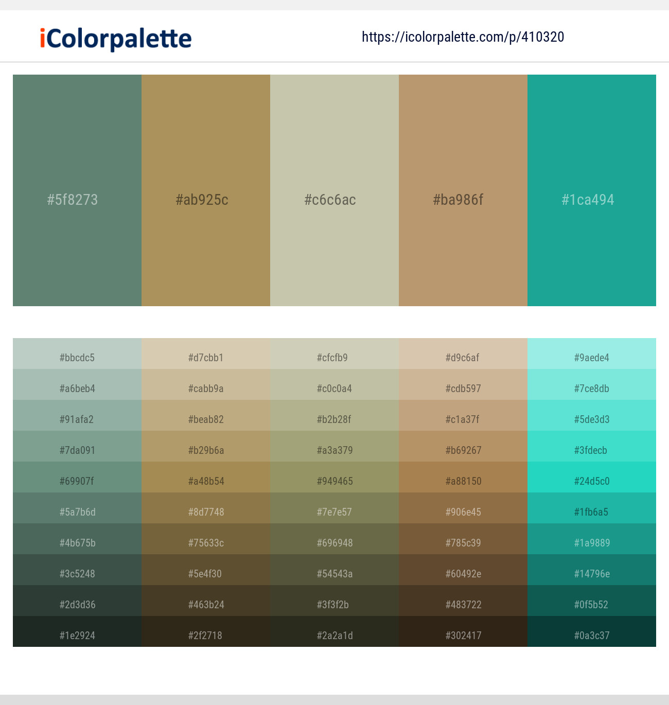 Viridian Green – Muesli – Foggy Gray – Teak – Mountain Meadow Color scheme