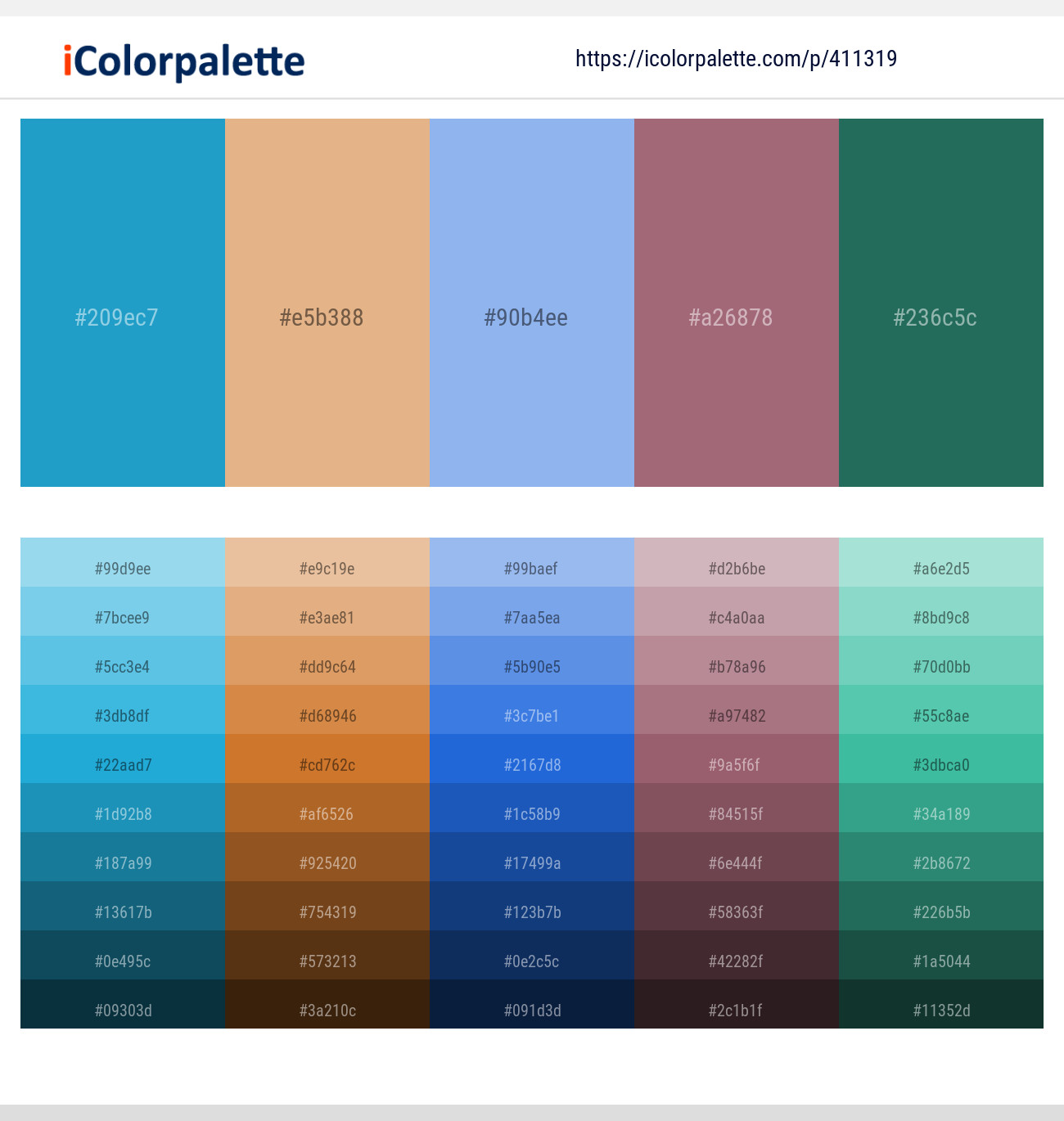 Curious Blue – Gold Sand – Jordy Blue – Coral Tree – Green Pea Color scheme