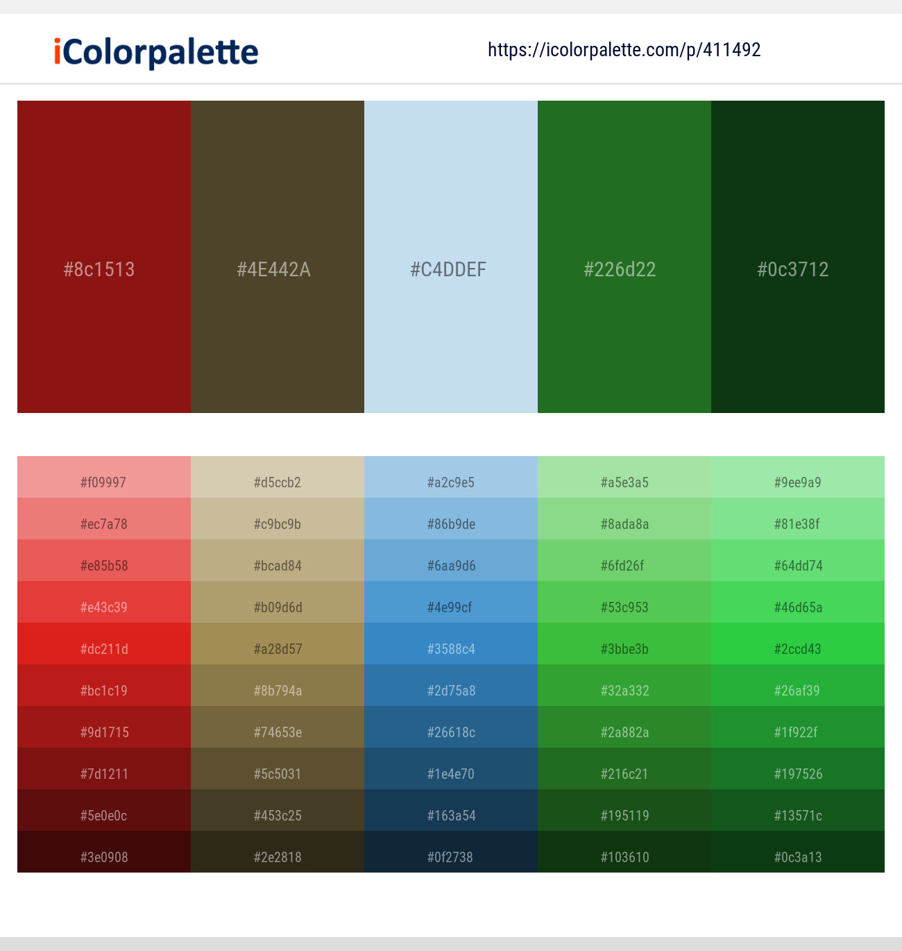 Tamarillo – Lisbon Brown – Spindle – Forest Green – Palm Green Color scheme