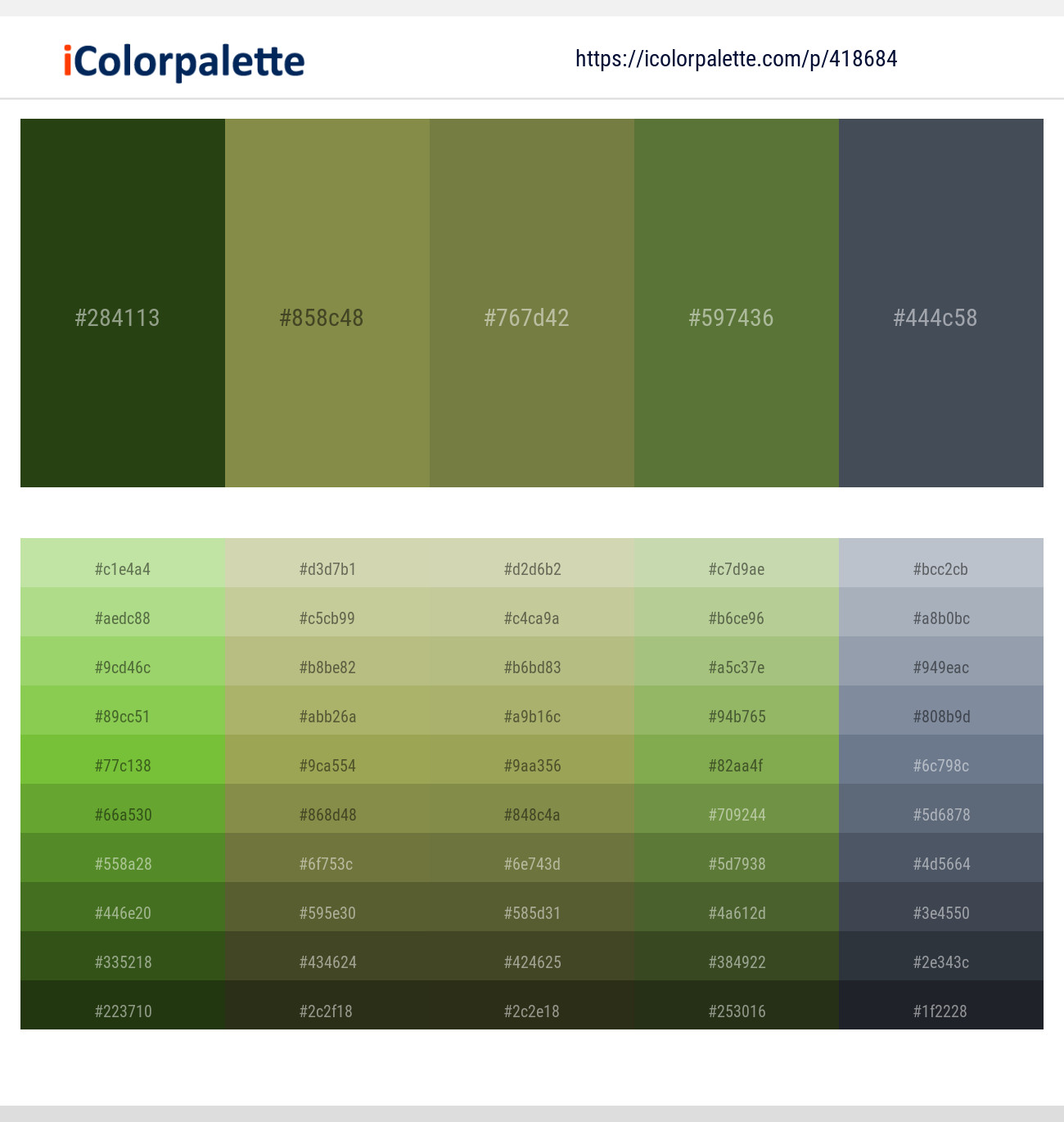Palm Leaf – Sycamore – Yellow Metal – Chalet Green – River Bed Color scheme