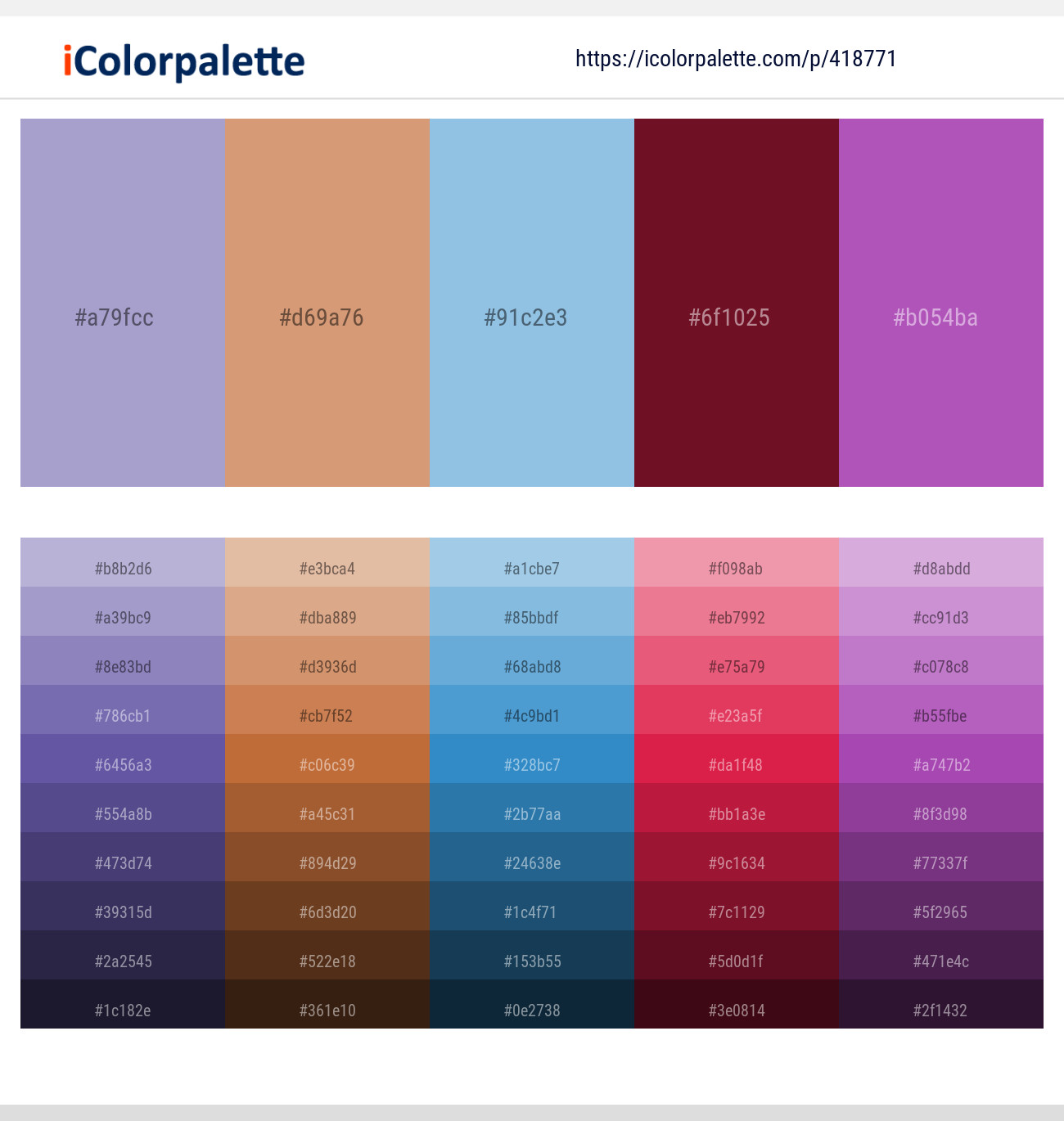 Blue Bell – Whiskey – Cornflower – Dark Tan – Amethyst Color scheme