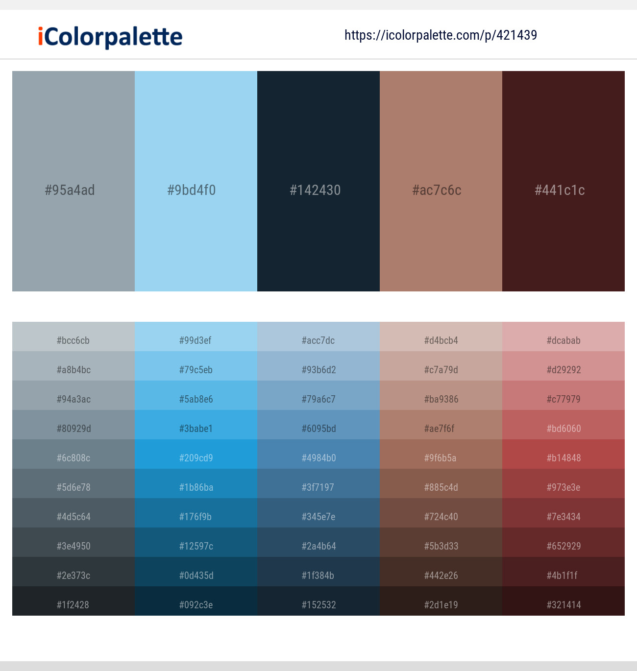 Gull Gray – Cornflower – Big Stone – Coral Tree – Cocoa Bean Color scheme