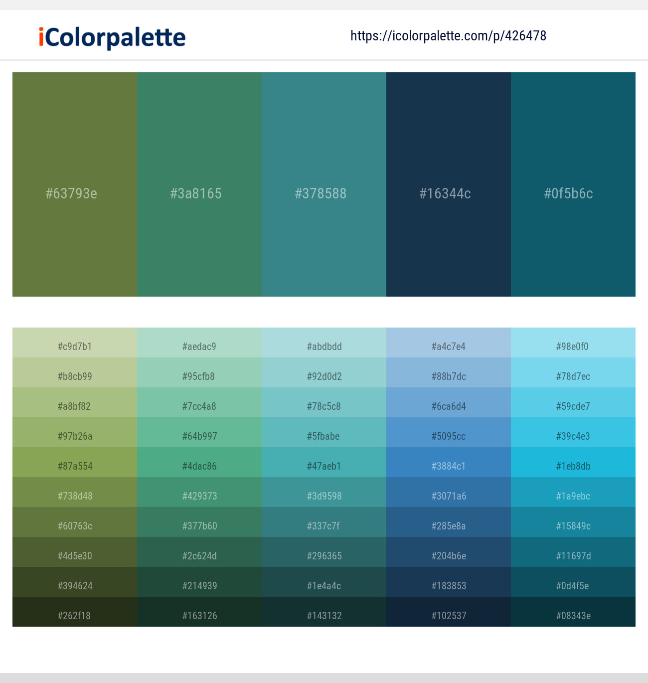 Chalet Green – Viridian – Paradiso – Nile Blue – Deep Sea Green Color scheme