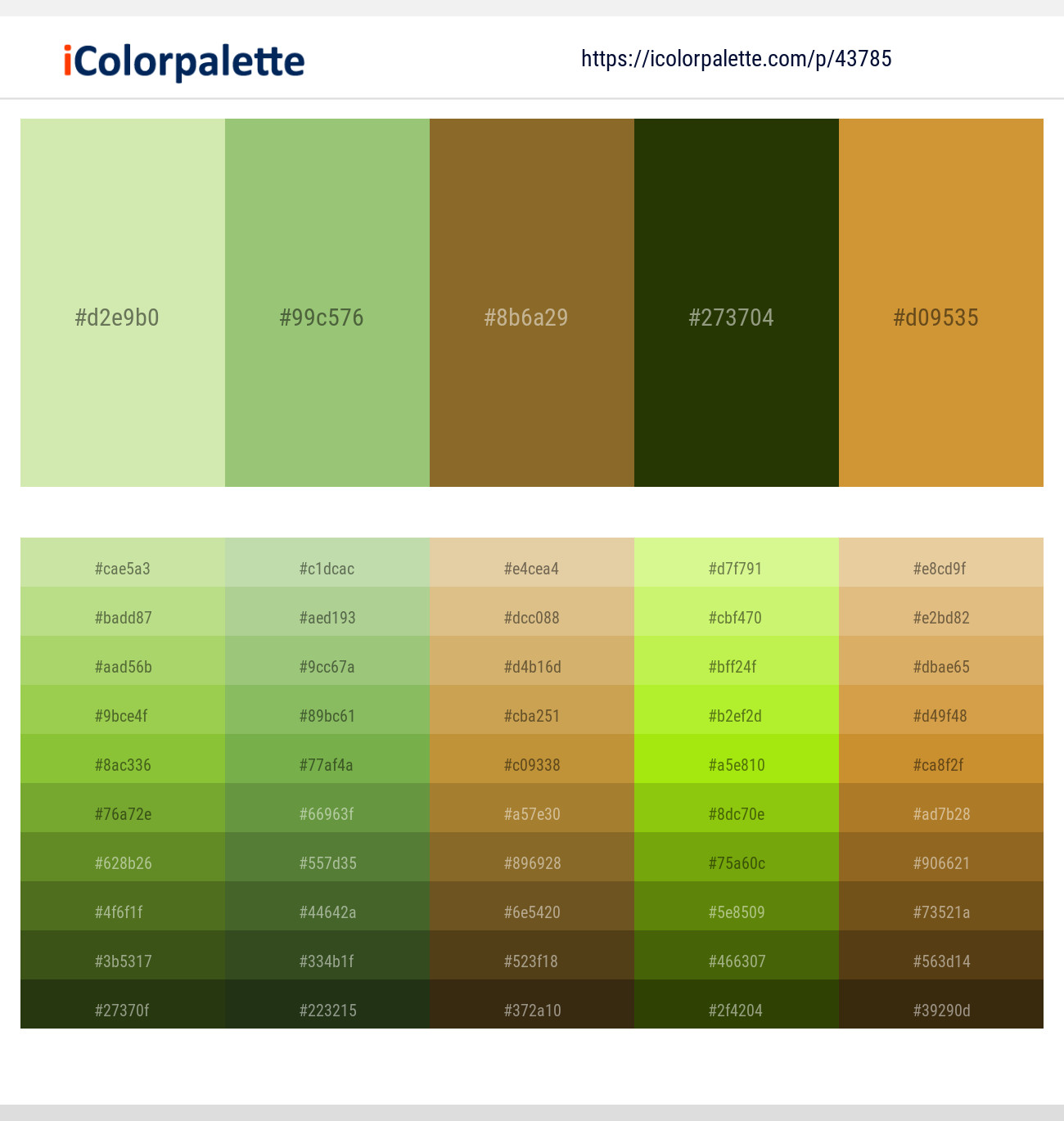 Caper – Olivine – Kumera – Pine Tree – Brandy Punch Color scheme