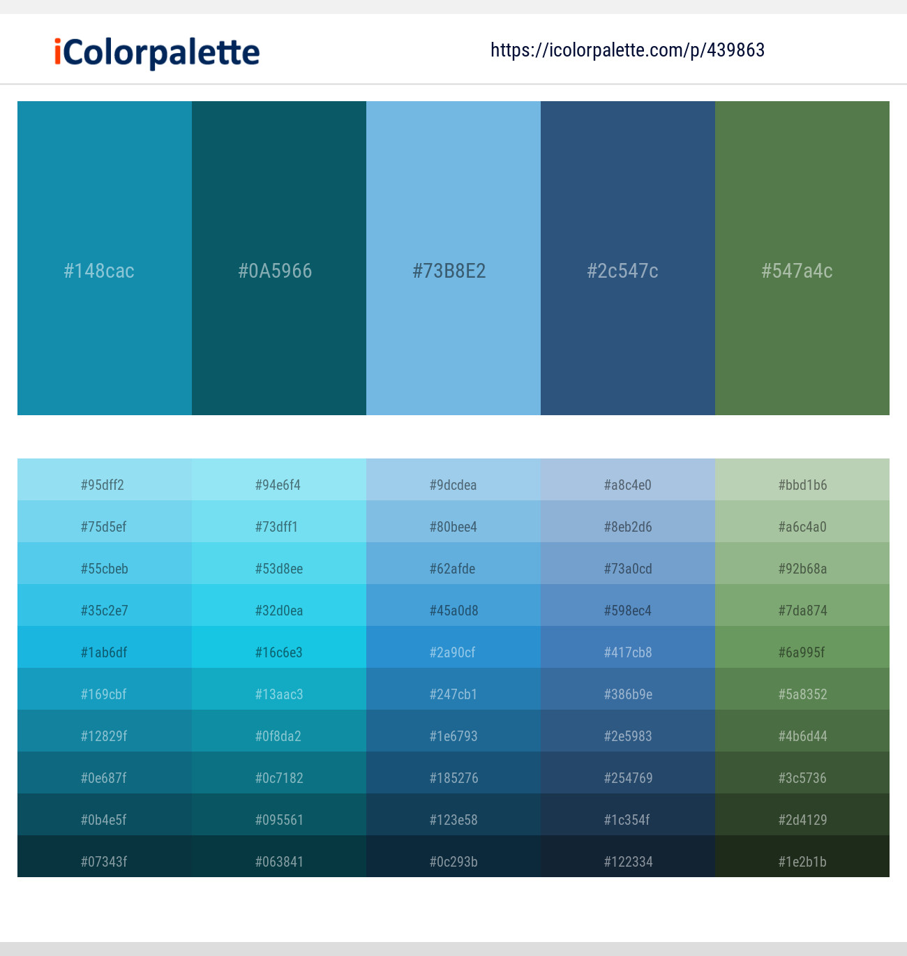 Eastern Blue – Deep Sea Green – Viking – Chambray – Hippie Green Color scheme
