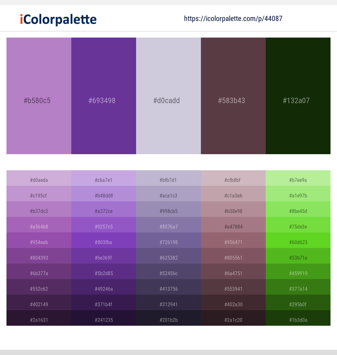 East Side – Royal Purple – Blue Haze – Matterhorn – Deep Forest Green Color scheme