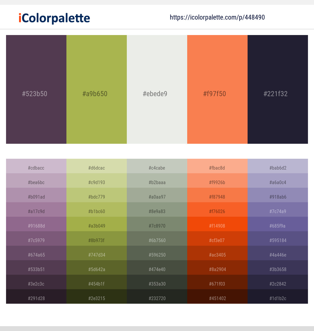 Eggplant – Olive Green – Gray Nurse – Coral – Steel Gray Color scheme