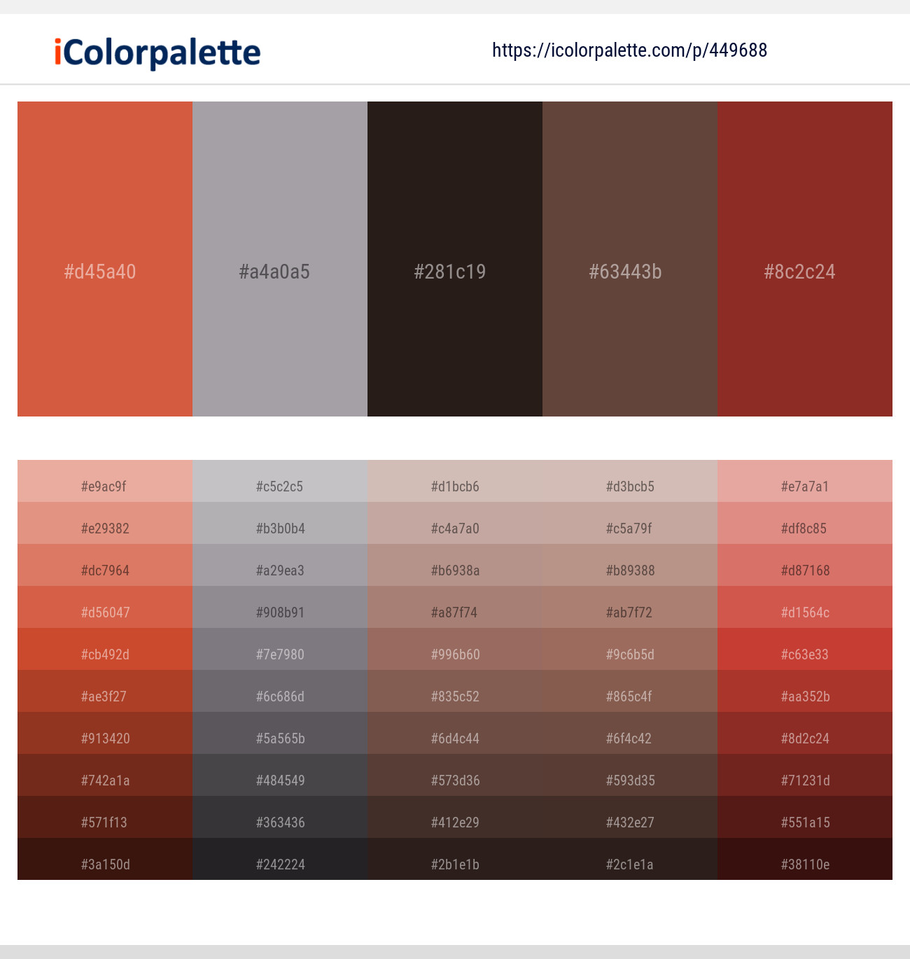 Flame Pea – Mountain Mist – Cocoa Brown – Kabul – Burnt Umber Color scheme