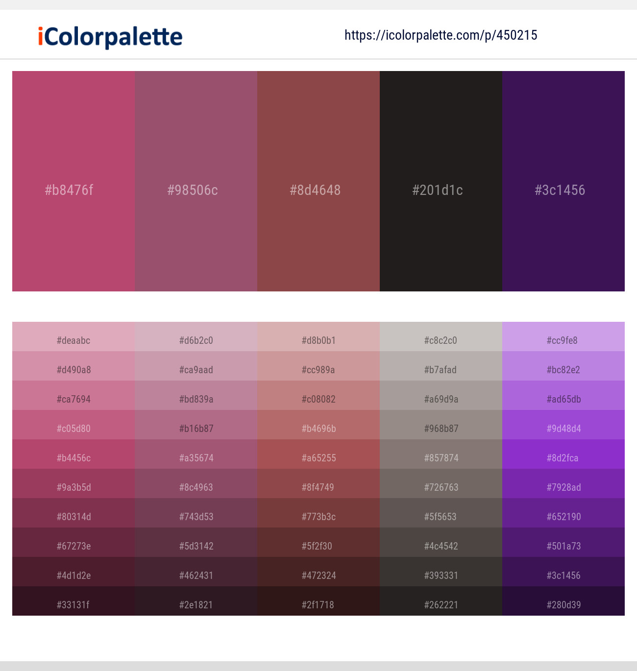 Blush – Cannon Pink – Copper Rust – Cod Gray – Scarlet Gum Color scheme