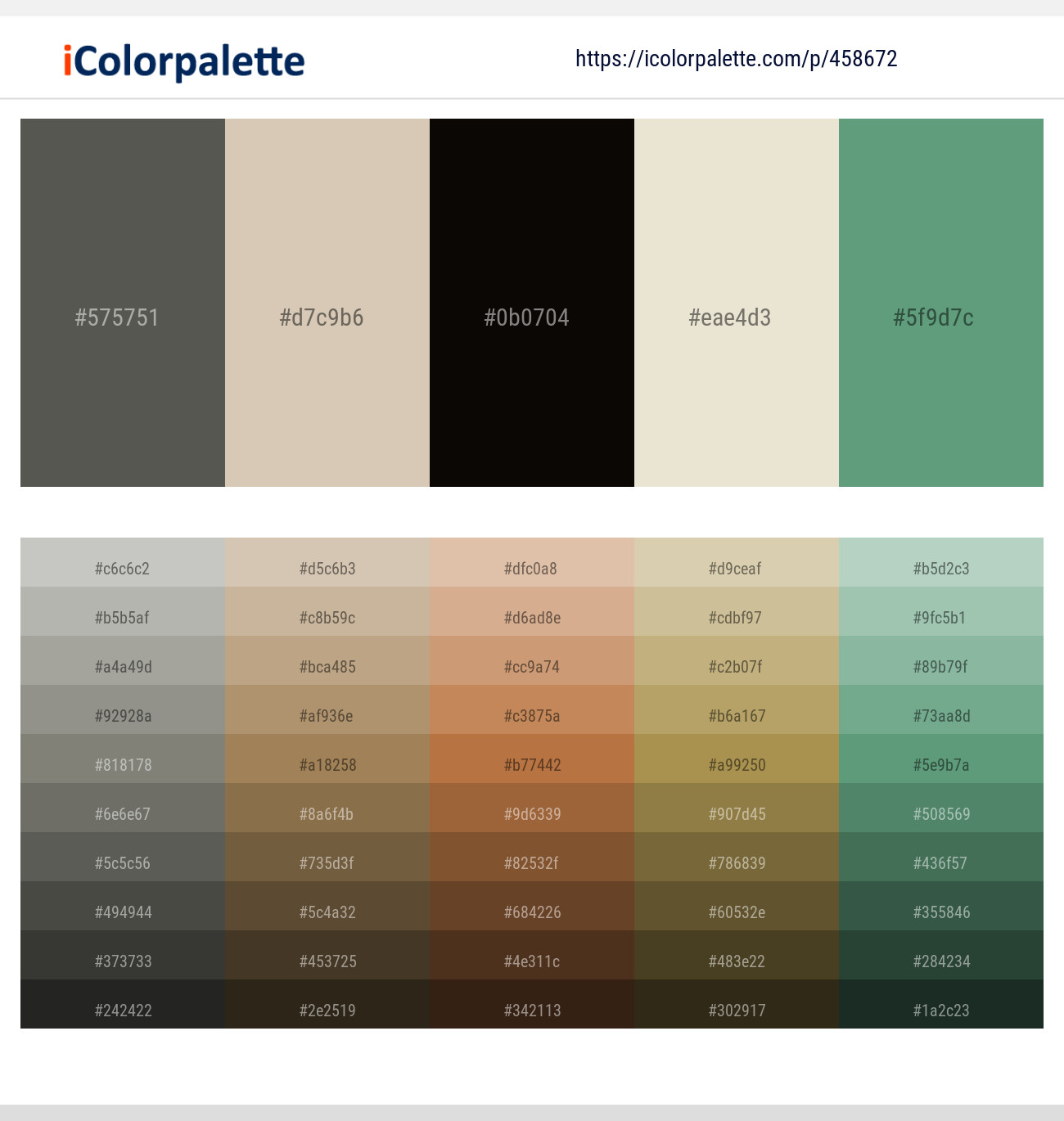 Fuscous Gray – Soft Amber – Asphalt – White Rock – Aqua Forest Color scheme