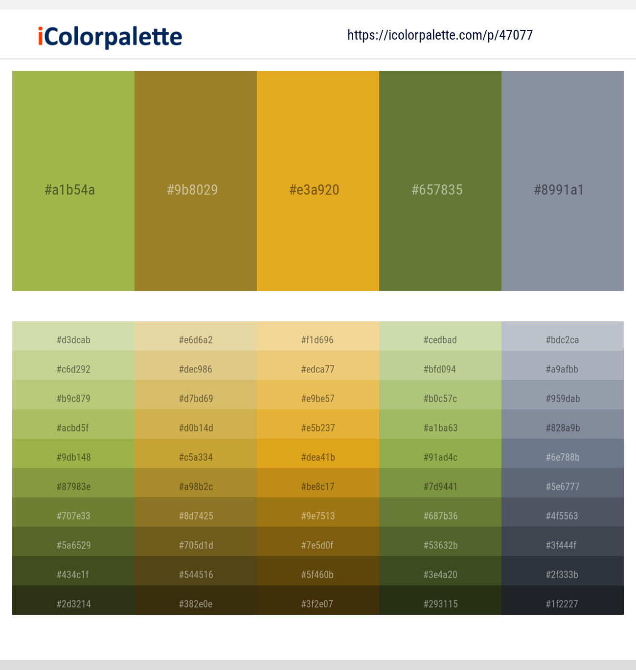 Olive Green – Luxor Gold – Golden Grass – Pesto – Manatee Color scheme