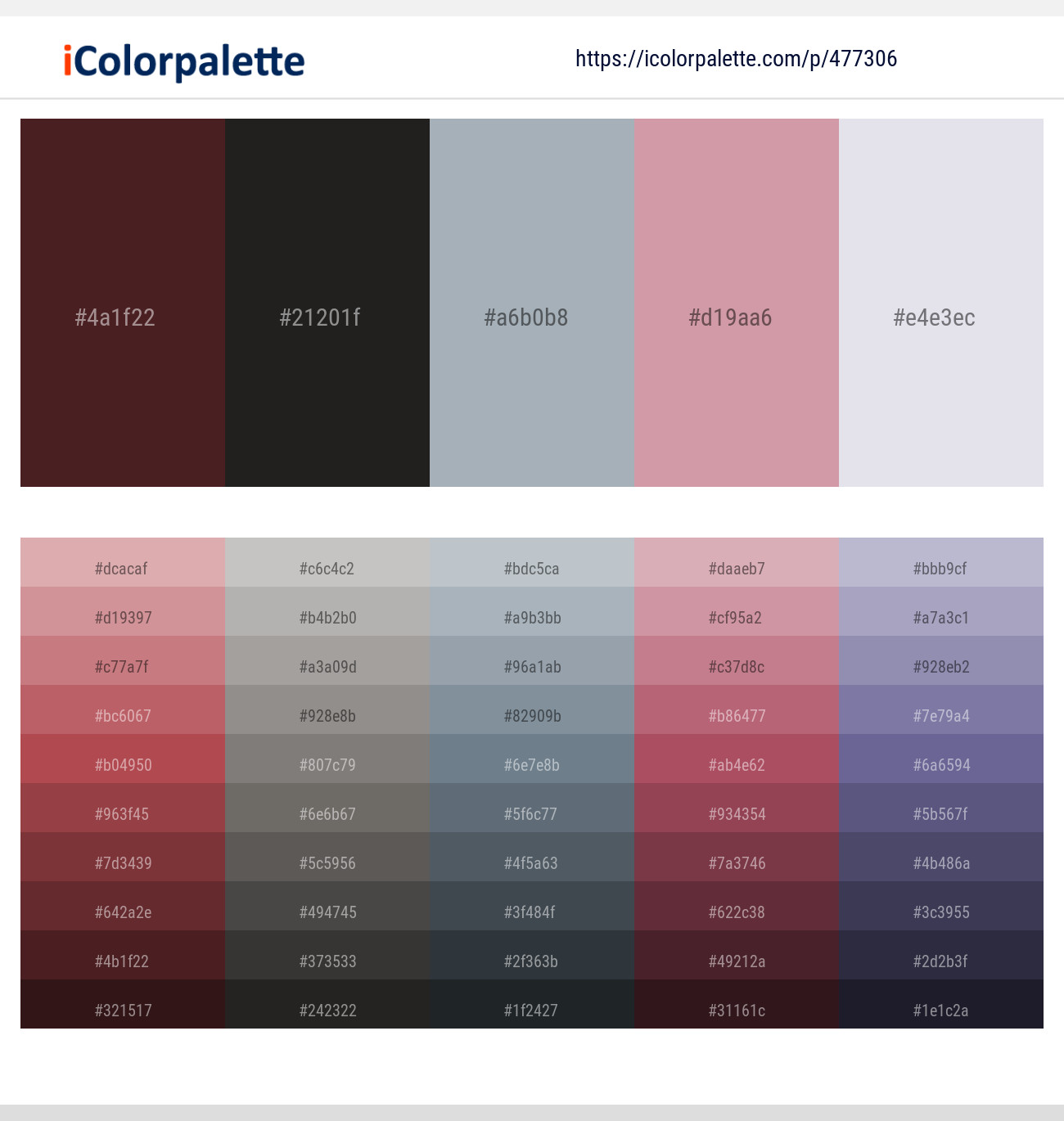 Cocoa Bean – Tuatara – Hit Gray – Careys Pink – Athens Gray Color scheme