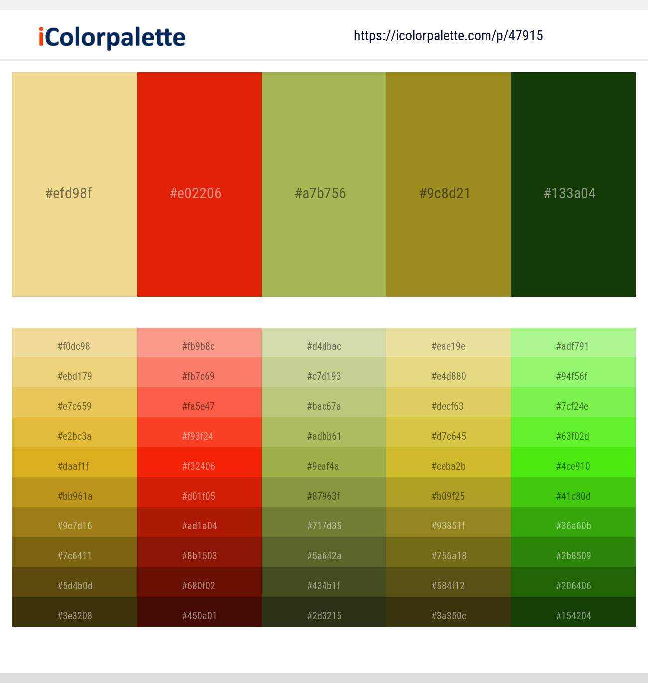 Chalky – Scarlet – Olive Green – Reef Gold – Dark Fern Color scheme