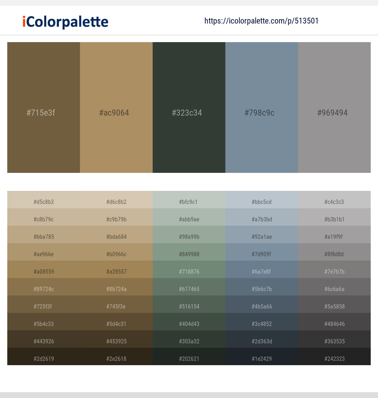 Yellow Metal – Muesli – Lunar Green – Regent Gray – Dusty Gray Color scheme