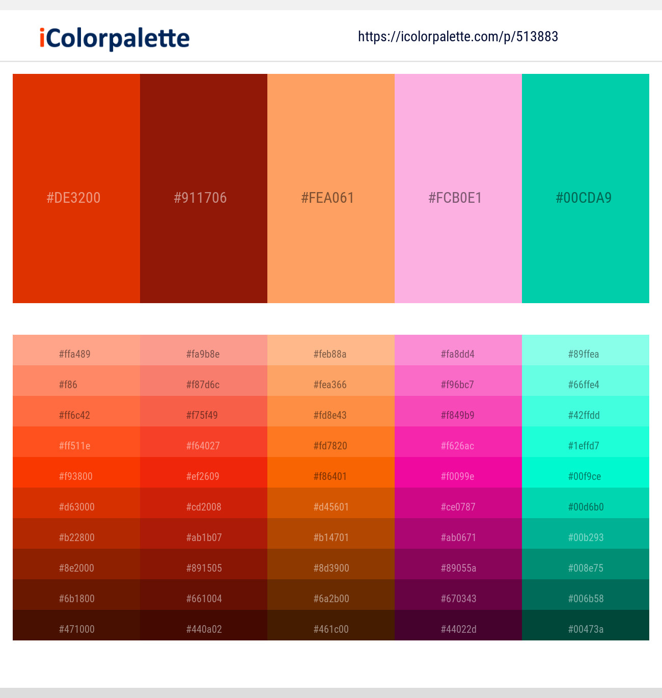 513883Grenadier – Totem Pole – Atomic Tangerine – Lavender Pink – Caribbean Green Color scheme