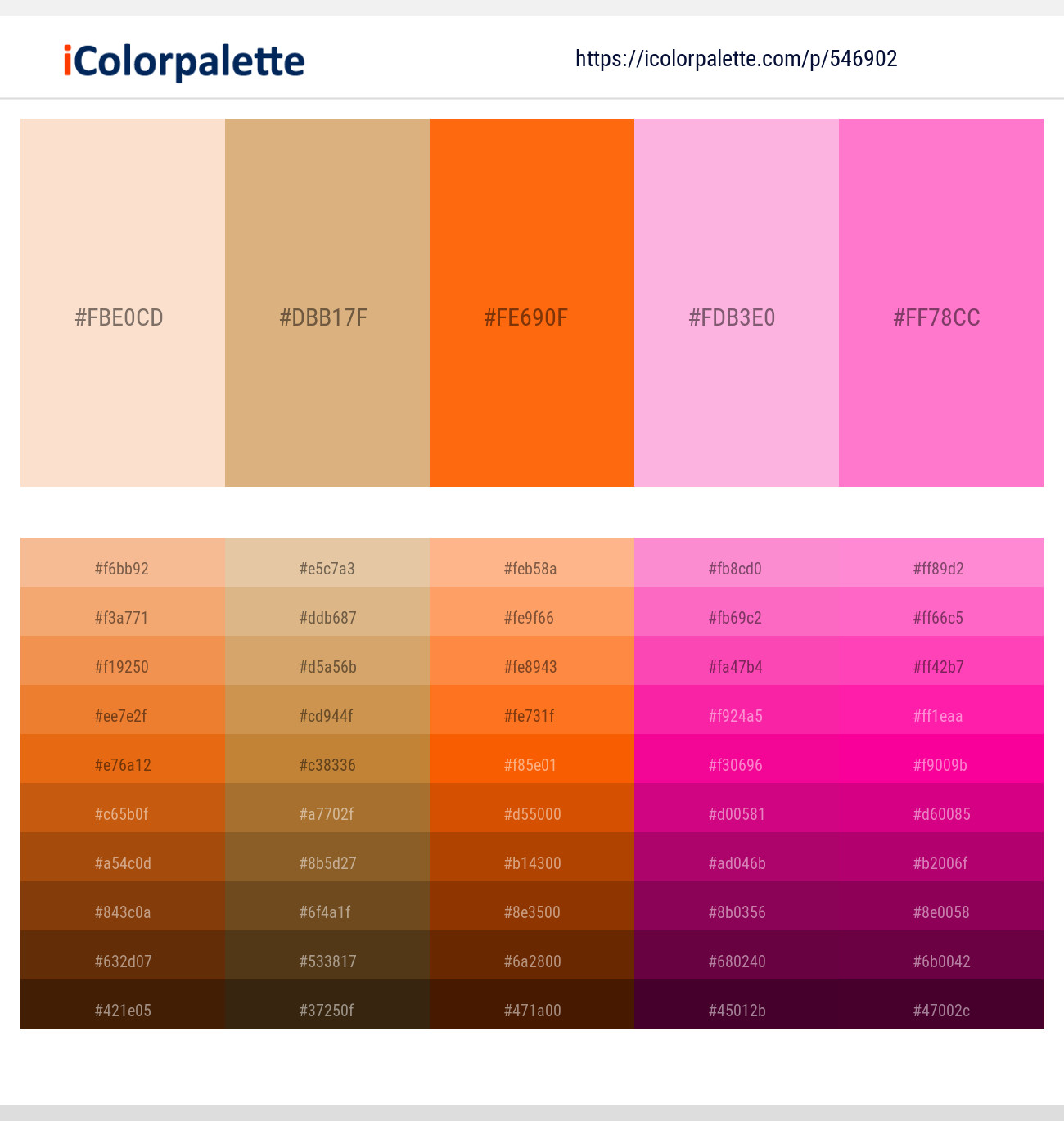 546902Champagne – Tumbleweed – Pumpkin – Lavender Pink – Hot Pink Color scheme