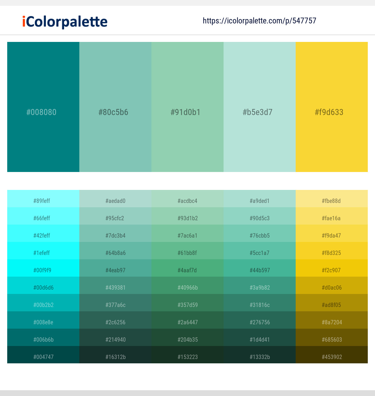 547757Teal – Neptune – Vista Blue – Jagged Ice – Bright Sun Color scheme