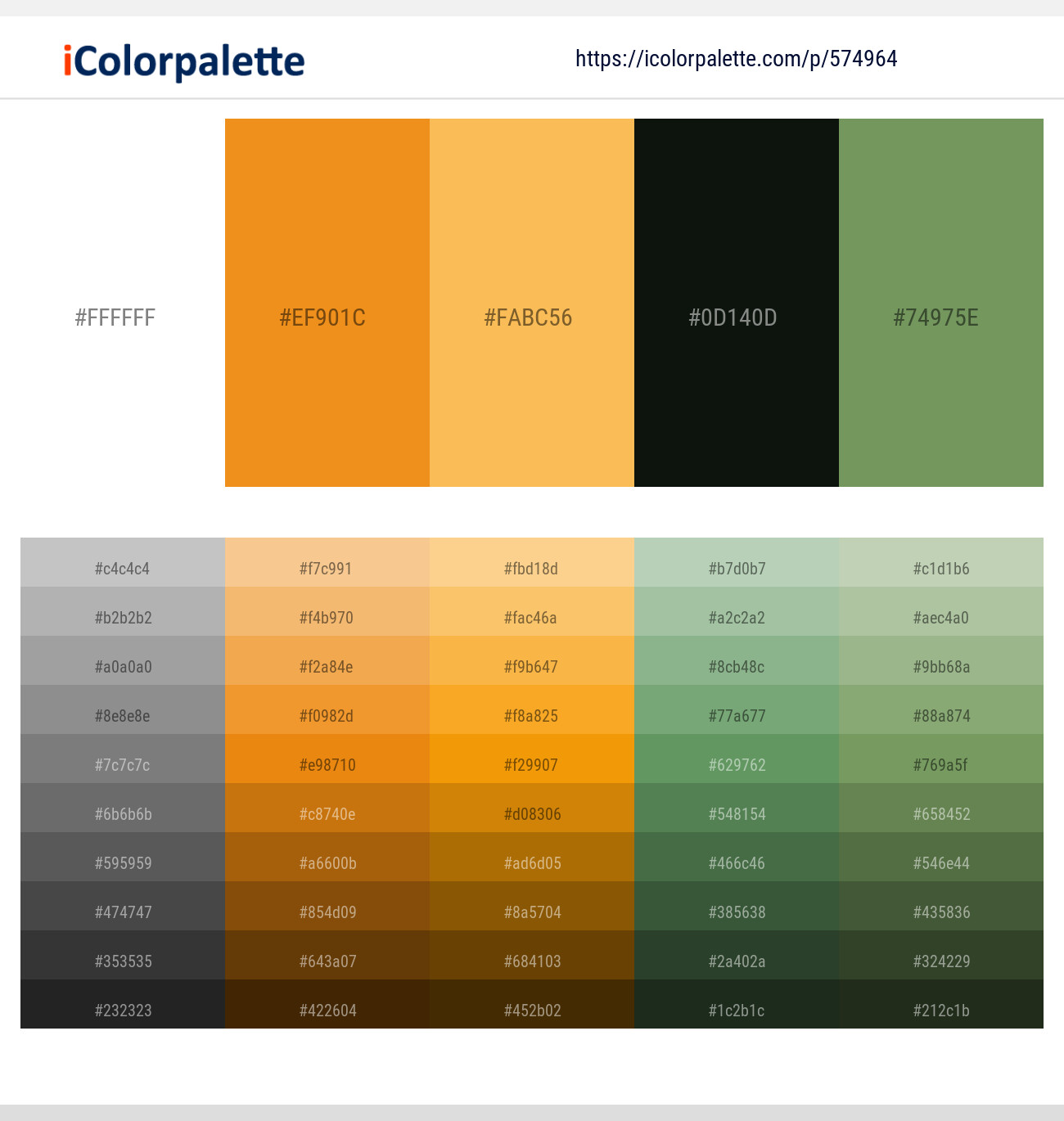 574964White – Carrot Orange – Saffron Mango – Hunter Green – Asparagus Color scheme