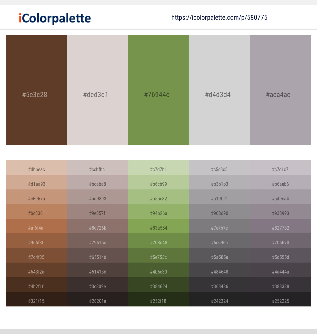 Irish Coffee – Swiss Coffee – Asparagus – Pale Slate – Shady Lady Color scheme