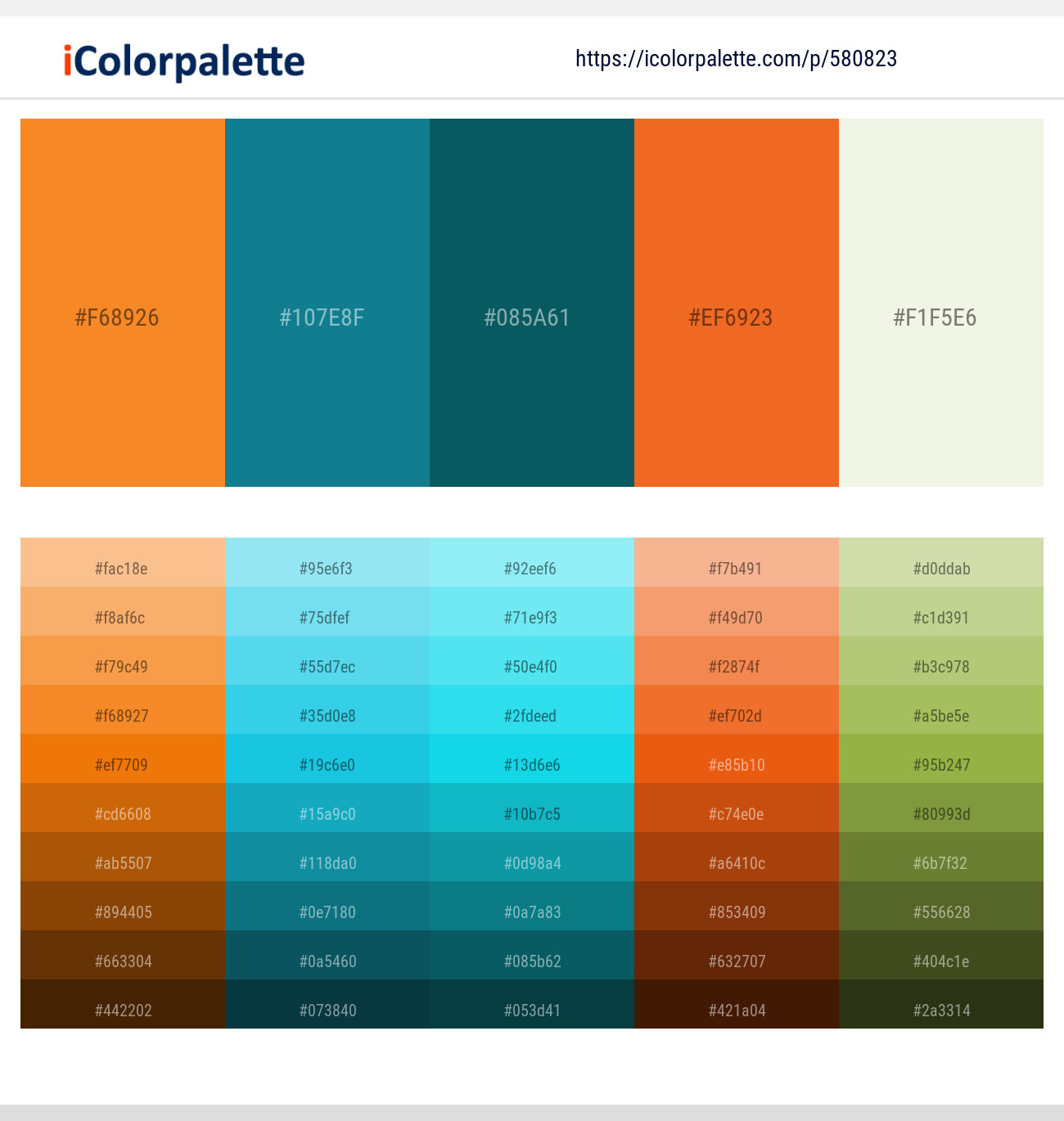 Tree Poppy – Blue Chill – Deep Sea Green – Tango – Ecru White Color scheme