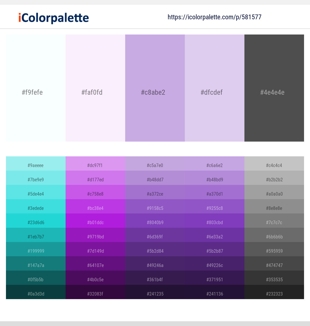 White Ice – Selago – Light Wisteria – French Lilac – Tundora Color scheme