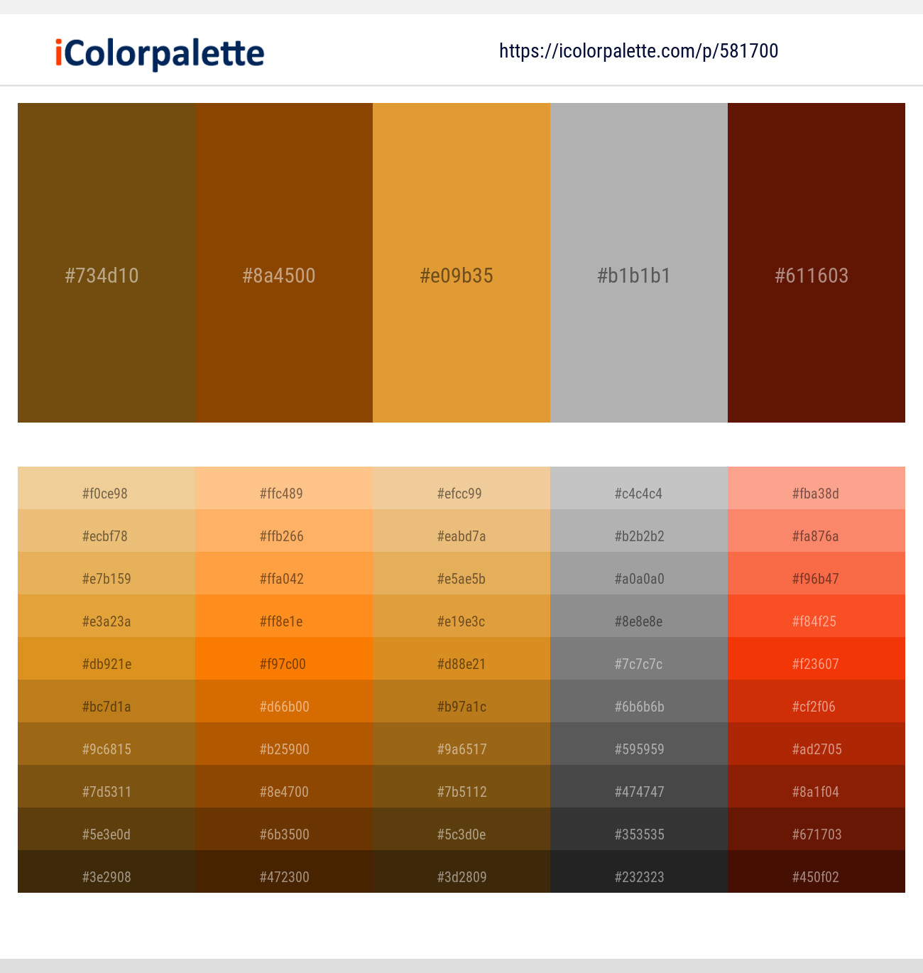 Raw Umber – Brown – Fire Bush – Silver Chalice – Red Oxide Color scheme