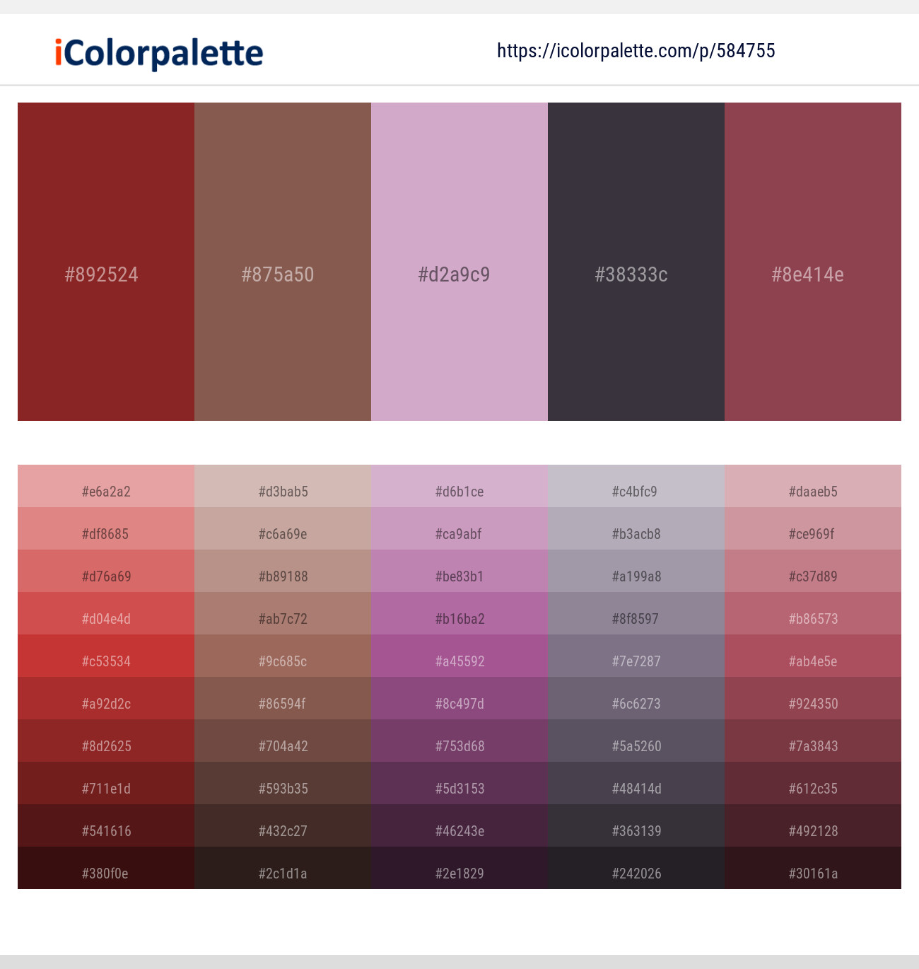 Burnt Umber – Roman Coffee – Lilac – Ship Gray – Copper Rust Color scheme