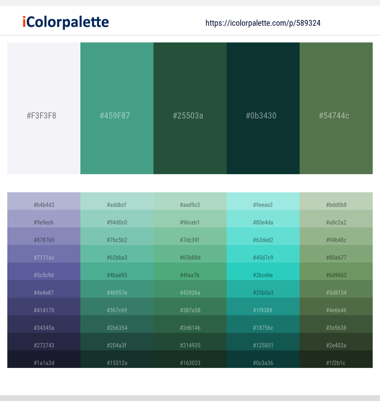 White Lilac – Ocean Green – Everglade – Tiber – Fern Green Color scheme