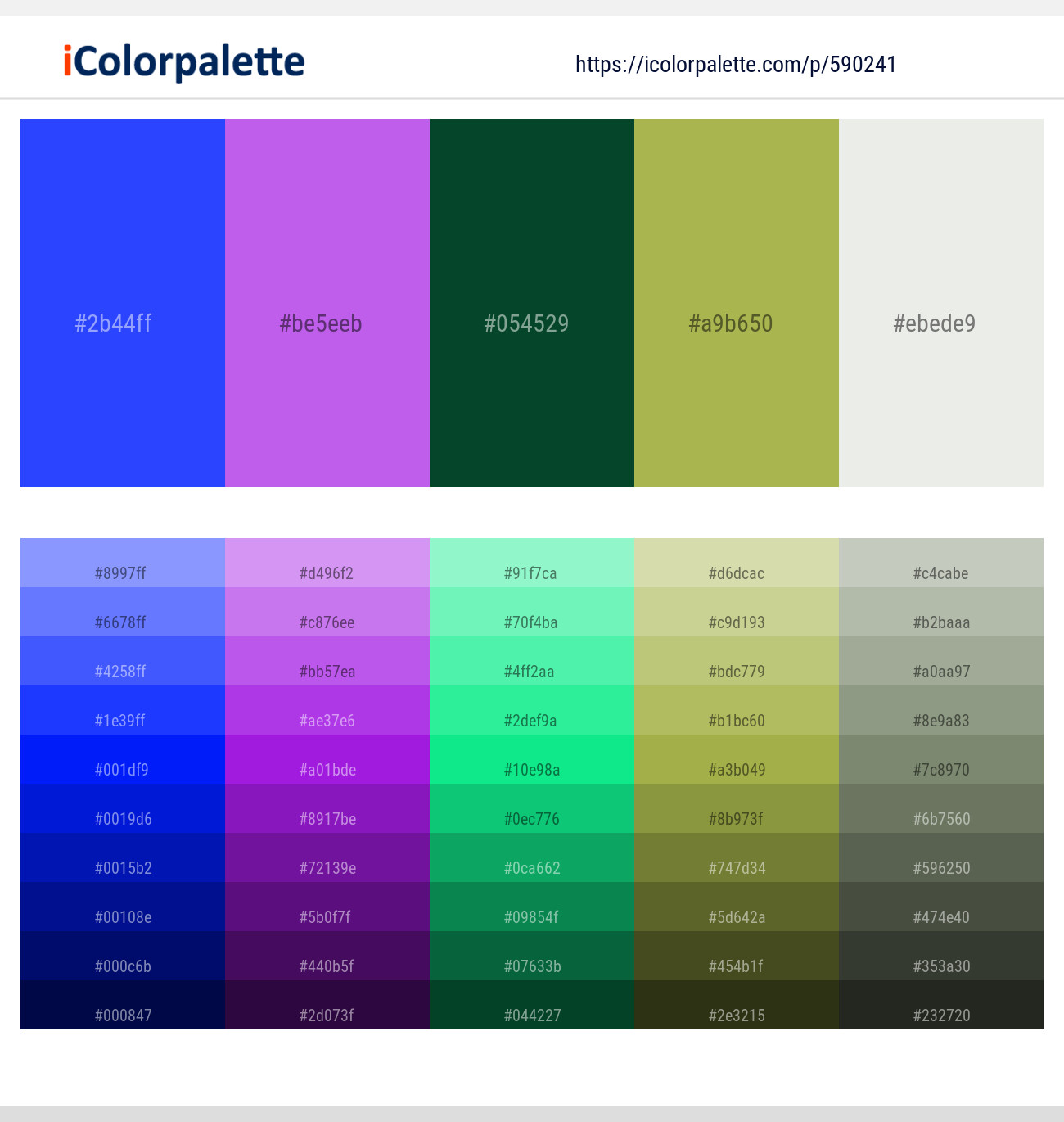 Blue Ribbon – Lavender – Zuccini – Olive Green – Gray Nurse Color scheme