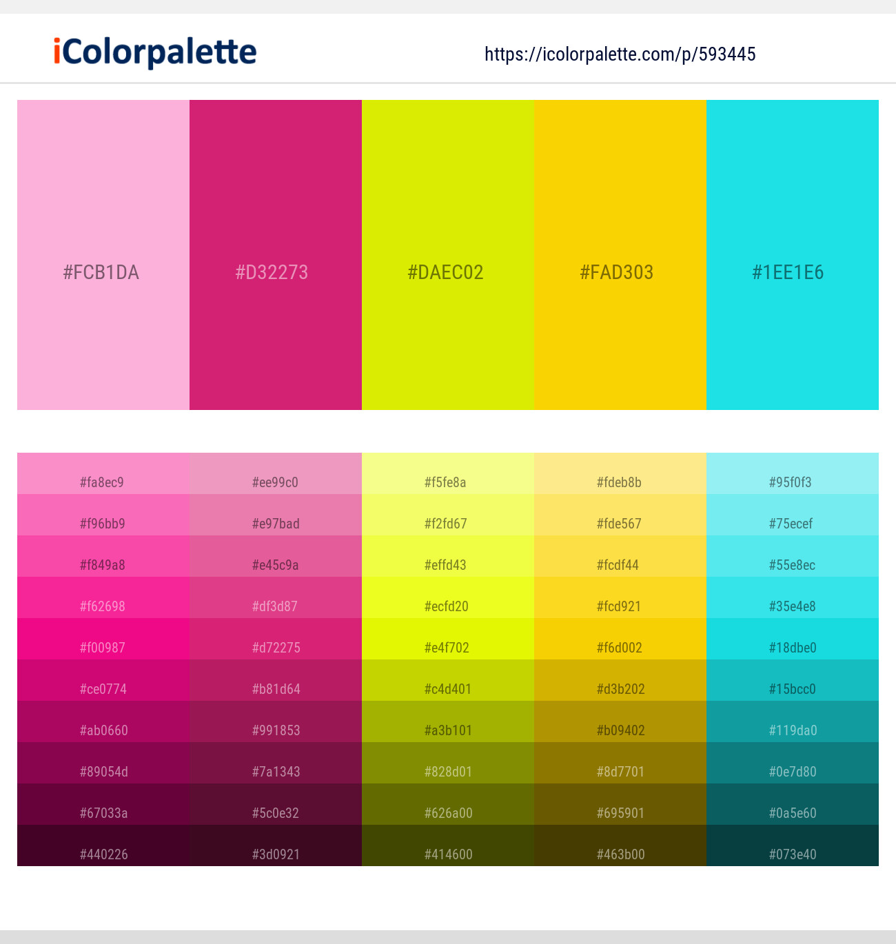 593445Lavender Pink – Cerise Red – Chartreuse Yellow – Gold – Bright Turquoise Color scheme