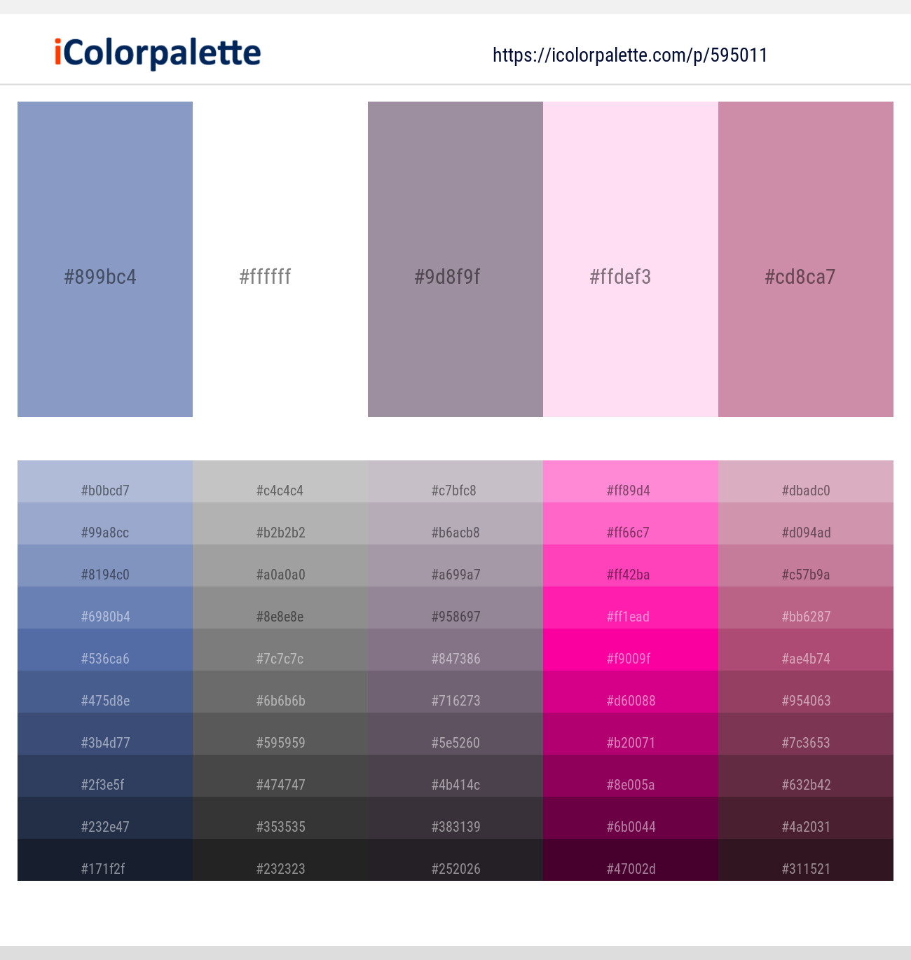 Polo Blue – White – Mountain Mist – Pink Lace – Viola Color scheme