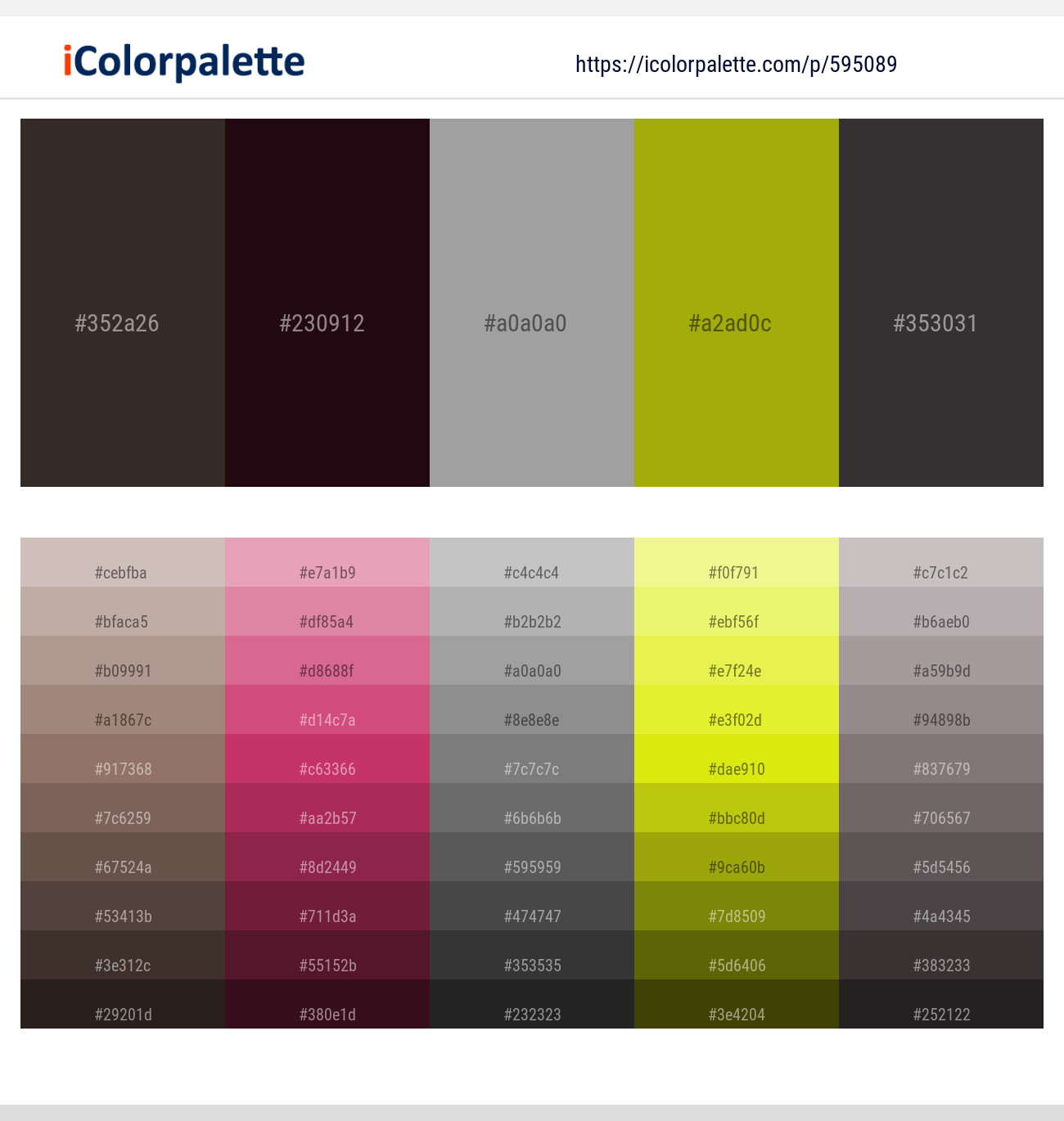 595089English Walnut – Aubergine – Silver Chalice – Pistachio – Tundora Color scheme