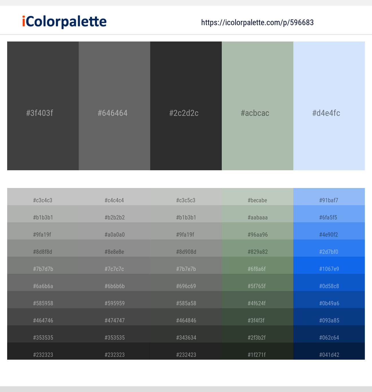 Lunar Green – Dove Gray – Heavy Metal – Spring Rain – Hawkes Blue Color scheme