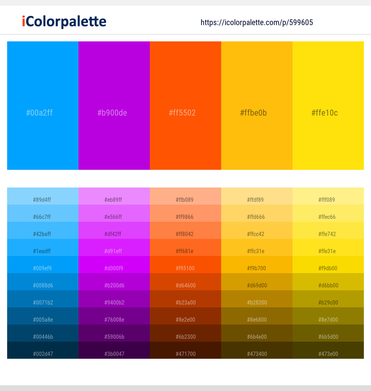 Azure Radiance – Electric Violet – International Orange – Amber – Lemon Color scheme