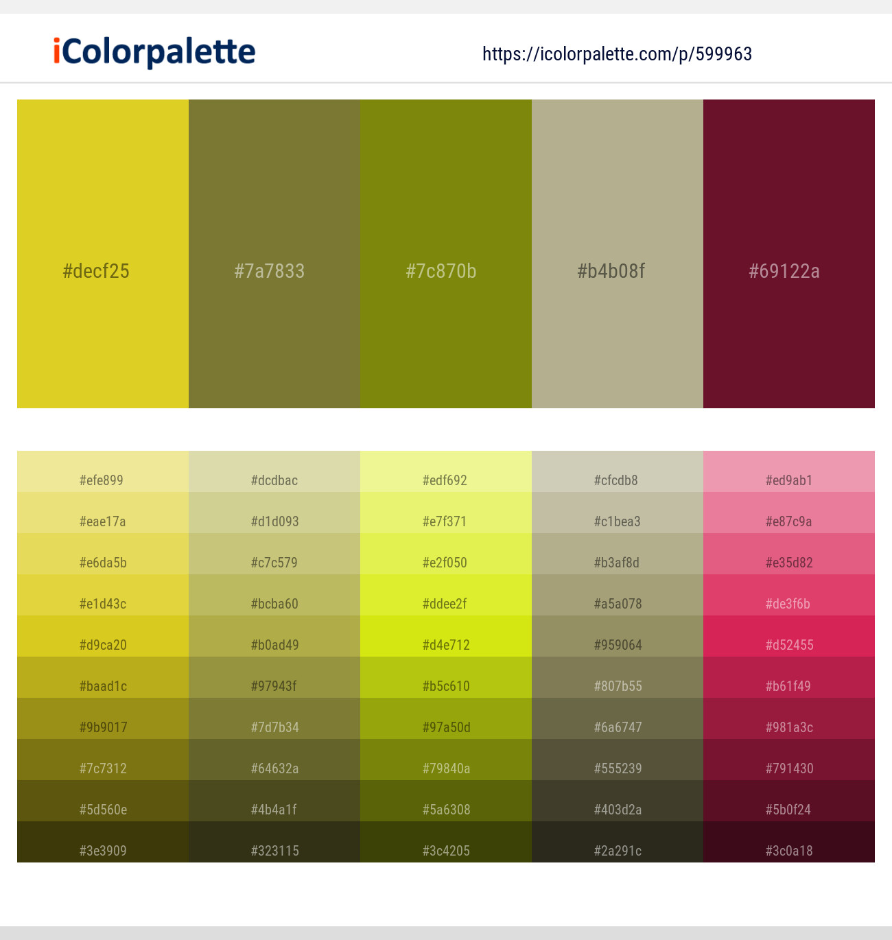 Sunflower – Pesto – Olive – Taupe Gray – Claret Color scheme