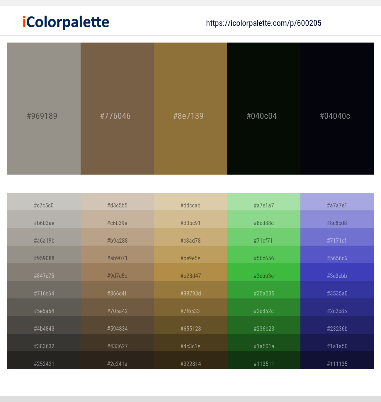 Natural Gray – Tobacco Brown – Pesto – Midnight Moss – Ebony Color scheme