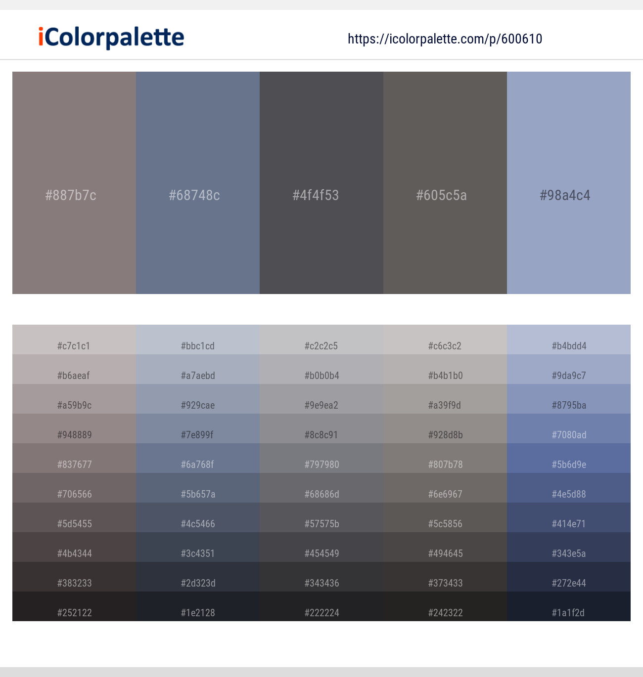 Spicy Pink – Raven – Trout – Pine Cone – Rock Blue Color scheme