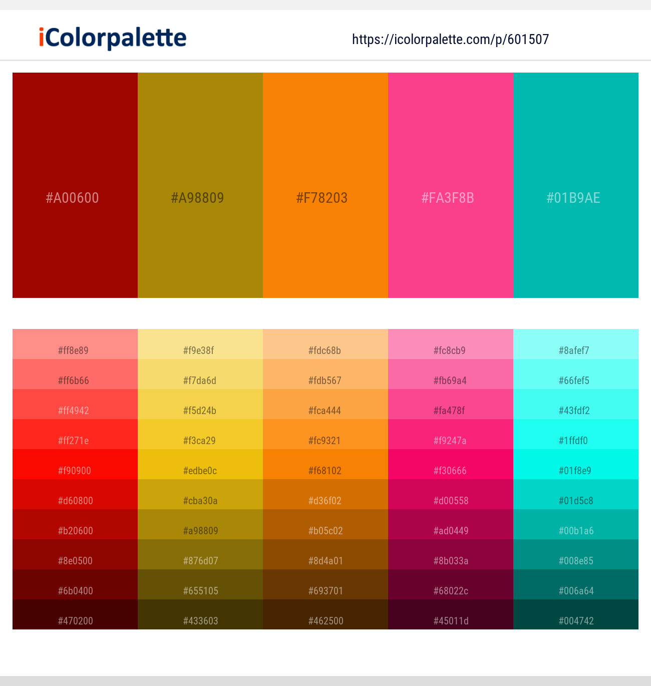 Bright Red – Hot Toddy – Gold Drop – Violet Red – Caribbean Green Color scheme