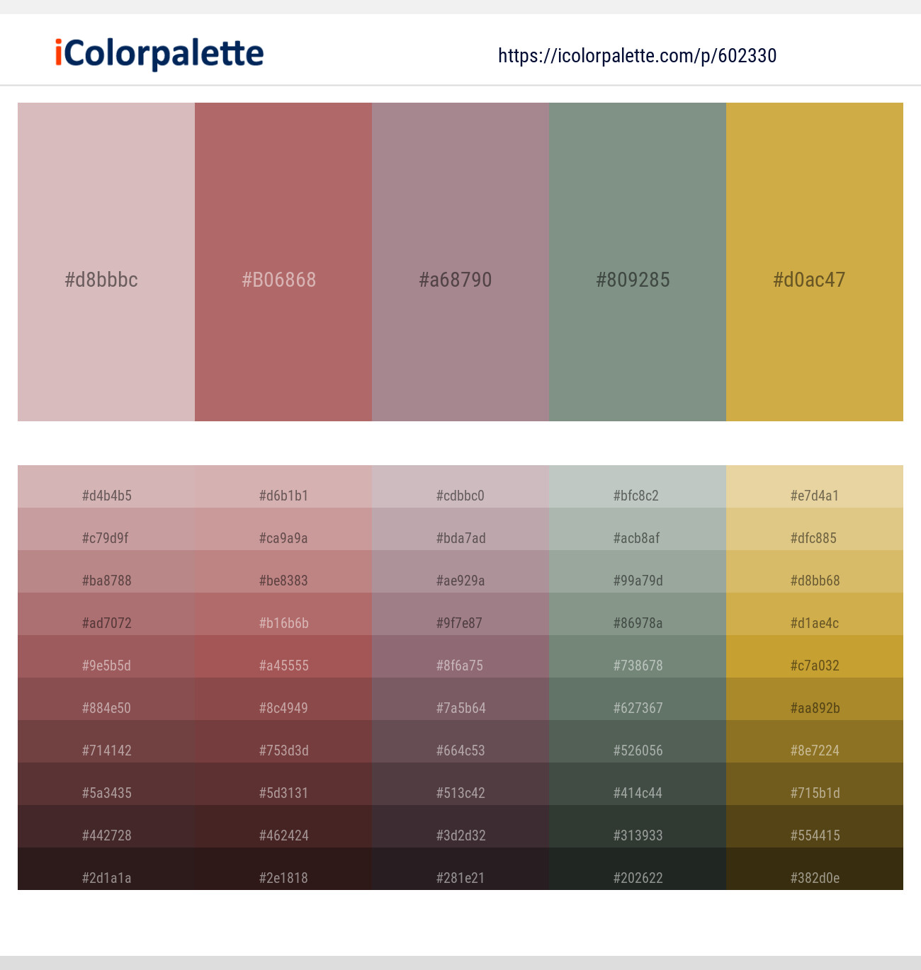 Blossom – Coral Tree – Dusty Gray – Spanish Green – Roti Color scheme