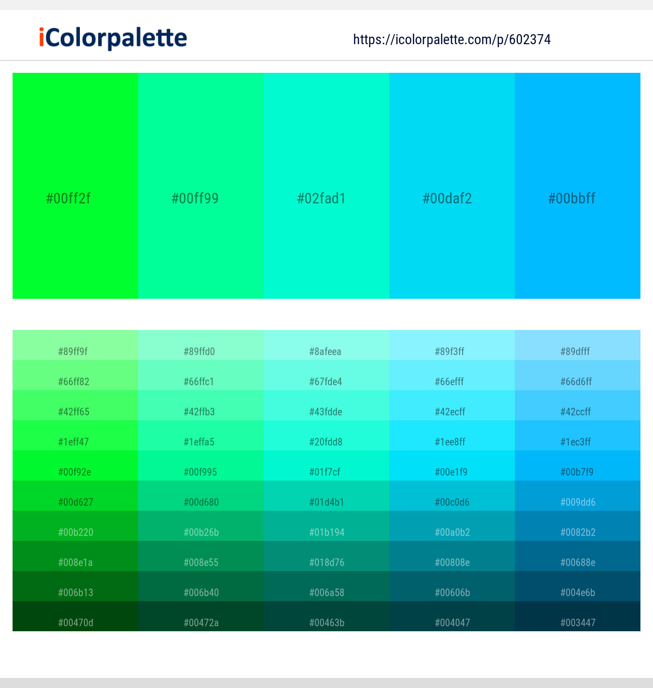 Green – Spring Green – Bright Turquoise – Bright Turquoise – Cerulean Color scheme