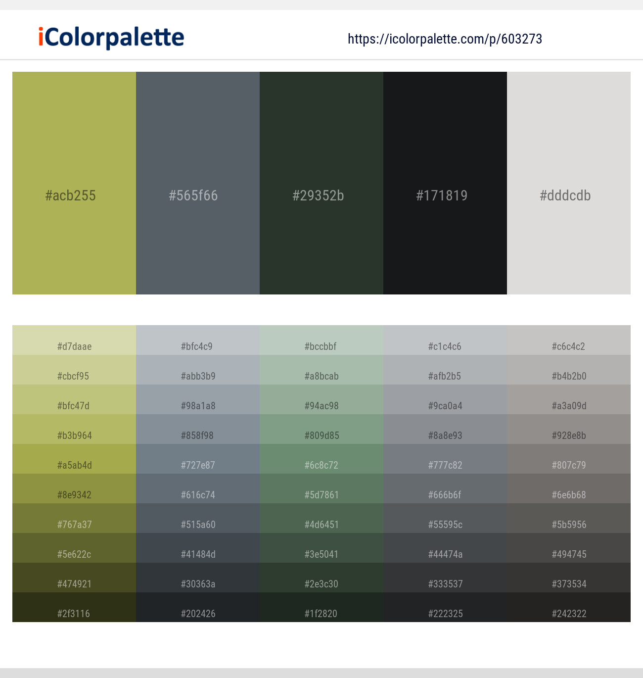 Olive Green – Shuttle Gray – Heavy Metal – Woodsmoke – Westar Color scheme